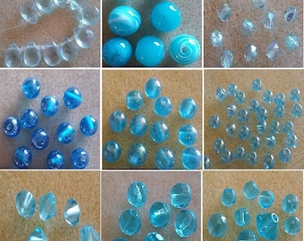 DESTASH - Beads - Glass - Aqua Blue, Turquoise - Bicones, Round, Faceted (#1140)