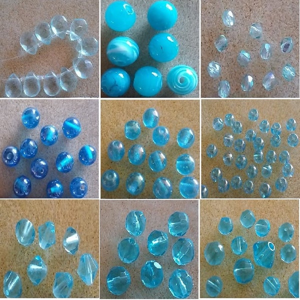 DESTASH - Beads - Glass - Aqua Blue, Turquoise - Bicones, Round, Faceted (#1140)