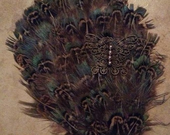 Blue, Green and Brown English Ringneck Pheasant Feather and Butterfly Fascinator - Choose headband, barrette, comb or clip