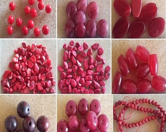 DESTASH - Red Stone Beads - Round, Coin, Oval, Chips and Barrel (#1093)