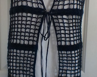 Crochet Long Vest With Ties, Cover Up, Tunic - Navy Blue