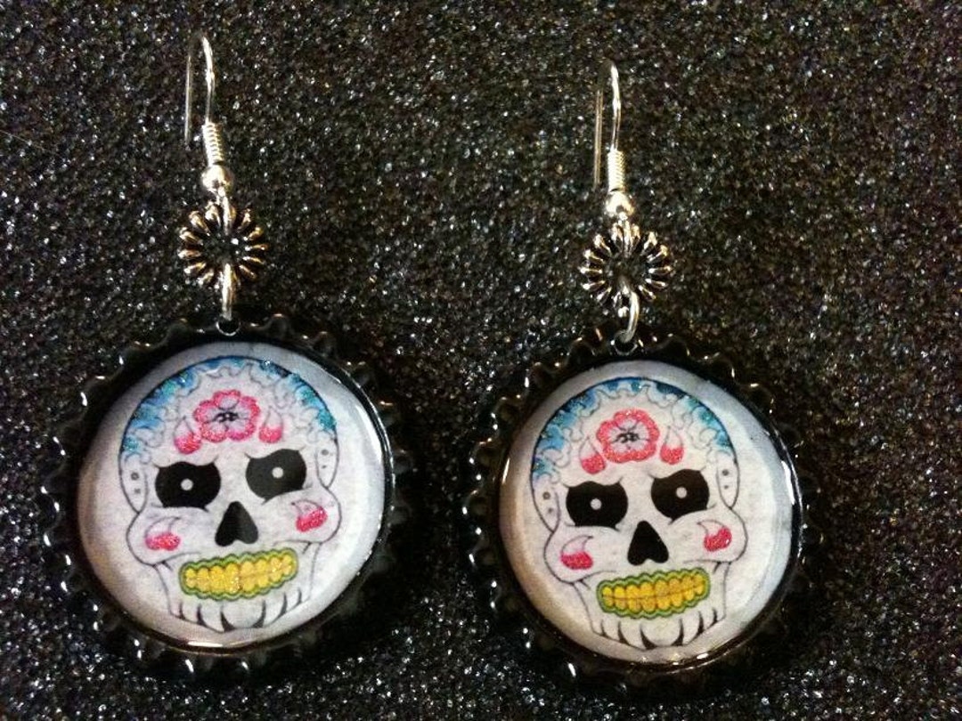 White Sugar Skull Bottle Cap Earrings Etsy.de
