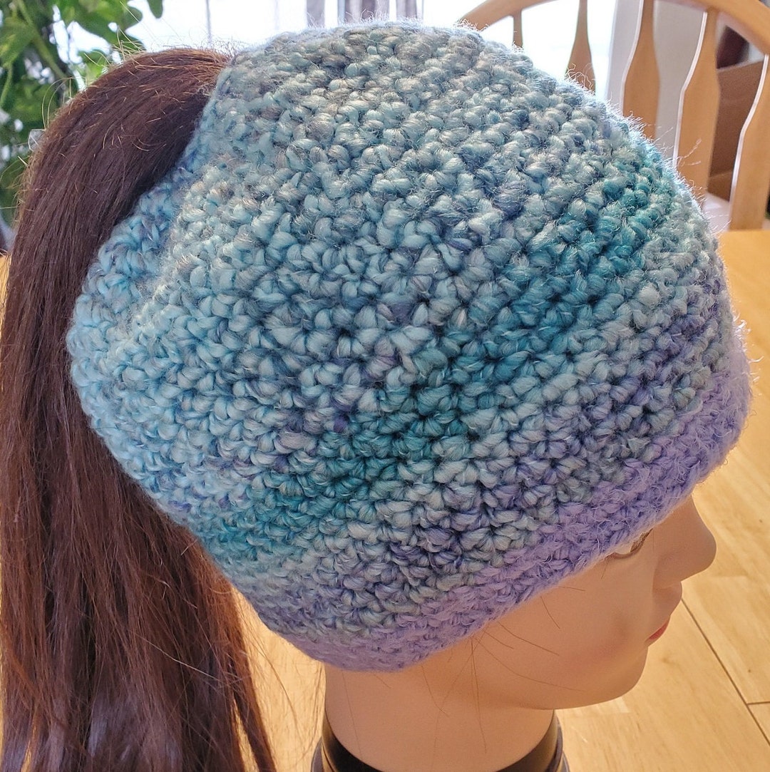 Handmade Mint & Black Crochet Beanie with Purple Trim Hand Crochet Blue Green Black Purple Winter Beanie, Cozy and  main image 4