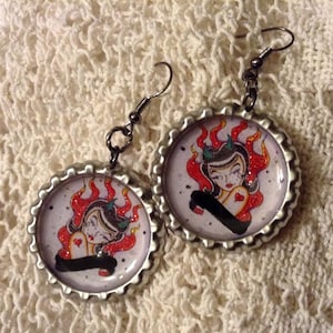Old School Hellbomb Tattoo Bottle Cap Earrings
