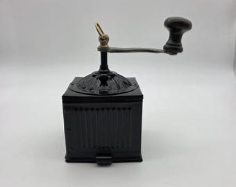 MINT Antique Italian Coffee Grinder - Marca Depositata BT Black Metal Burr Mill - Rare Latch Release Catch Bin - Outstanding Museum Quality