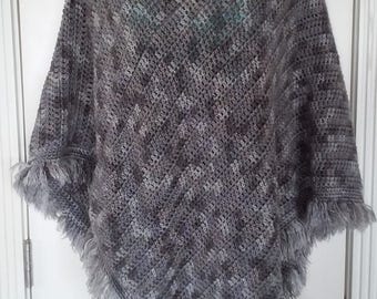 Crochet Adult Poncho - Dove Gray With Fringe Bottom, 36"x40"