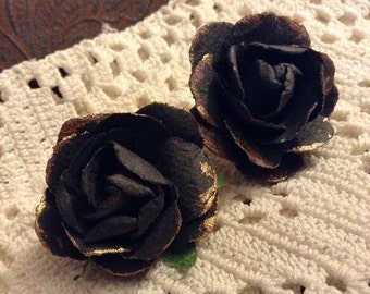 Dark Gray and Gold Paper Flower Post Earrings