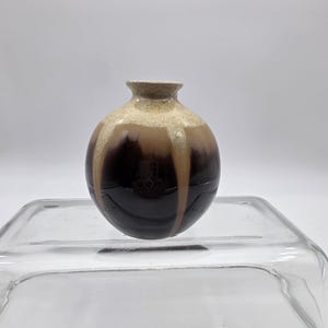 Vintage Brown Drip Glaze Bud Vase - 3.5" Boho Ceramic Weed Pot - Mid Century Modern Studio Pottery - Small Round Earth Tone Vase