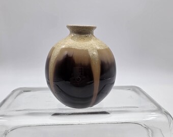 Vintage Brown Drip Glaze Bud Vase - 3.5" Boho Ceramic Weed Pot - Mid Century Modern Studio Pottery - Small Round Earth Tone Vase