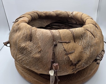 Vintage Primitive Handwoven Basket with Bone - 16" Palm Frond & Vine Bowl - Distressed Rustic Tribal Decor, Wabi-Sabi Catchall