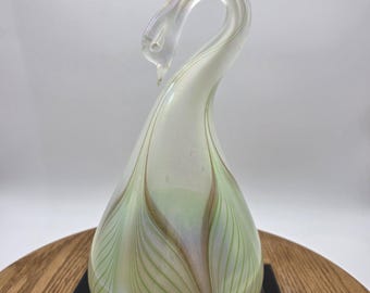 Vintage Stuart Abelman Attributed Art Glass Swan Lamp Diffuser – 11" Green Iridescent Pulled Feather Studio Glass Figurine, Unsigned