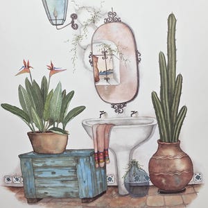 May include: Watercolor illustration of a bathroom scene. Features a white sink, a mirror, and a blue wooden cabinet. Plants include a cactus in a terracotta pot and a bird of paradise. The floor is tiled, and a wall-mounted lantern is visible.