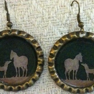 Mare and Foal Bottle Cap Earrings in Green