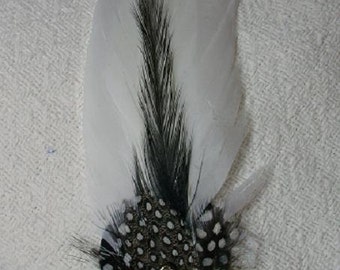 White and  Black Feather Fascinator with Diamond Shaped Flatback - Choose headband, barrette, comb or clip