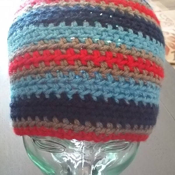 Crochet Ponytail Beanie - Dark Blue, Light Blue, Gray and Red - Great For Tennessee Titans NFL Fans