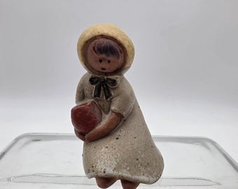 Vintage UCTCI Stoneware Girl Figurine with Red Pot, Mid-Century Japan Miniature Bud Vase, 4.5 Inch Retro Clay Girl Planter