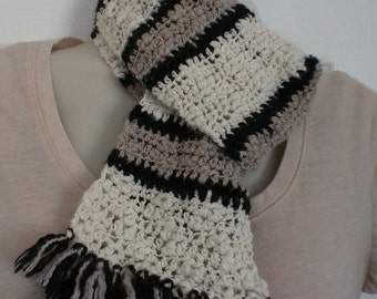 Crochet Scarf - Cream, Black, Taupe Stripe with Fringe