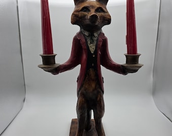Vintage "No-Pants" Fox Butler Double Candlestick Holder, Bill Huebbe Design by Oklahoma Casting, Resin Tally-Ho Hunt Candelabra, Made in USA