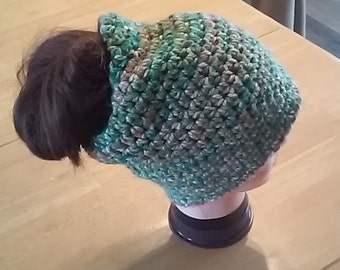 Big Slouchy Crochet Ponytail Beanie - Green and Brown