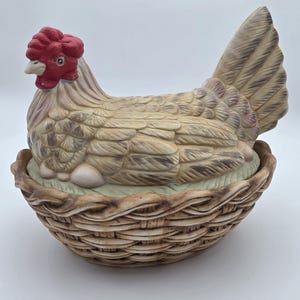 Vintage Ceramic Hen On Nest in Basket Covered Dish