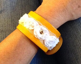 Golden Yellow Leather Cuff Bracelet with Lace Flowers