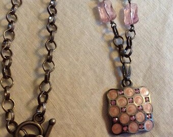 Rustic Necklace with Pink Square Pendant