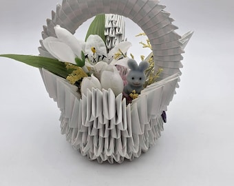 Vintage 2006 Finished 3D Origami Basket with Miniature Bunny and Flowers