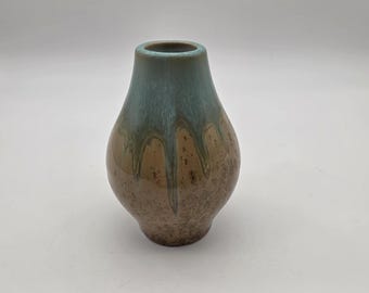 Vintage MCM Artisan Pottery Turquoise Vase, Mid Century Studio Art Pottery Bud Vase, Brown Crystalline Drip Glaze, 4" Hand Thrown Ceramic
