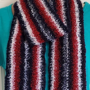 Crochet Scarf - Red, White, and Blue - Soft & Stylish (4" x 64")