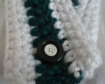 Green and White Crochet Scarf with Button - Great for NY Jets NFL Football Fans