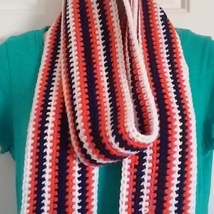 Crochet Scarf, Blue, Orange and White, Football Fan Colors