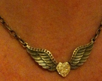 Antique Brass Sparkling Heart with Wings Necklace