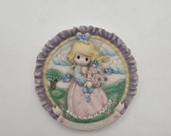 Vintage 1996 Precious Moments "You Are My Happiness" Wall Hanging Plate, Enesco Mini 3D Relief Plaque, Sweetheart Girl and Bluebirds