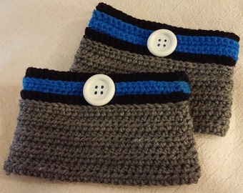 Crochet Boot Cuffs, Silver Gray, Royal Blue and Black with Button, NFL Detroit Lions Fans