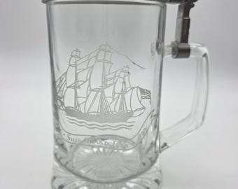 Vintage ALWE " Salem ship Grand Turk 1786" Etched Glass Beer Stein