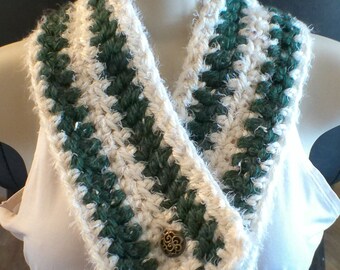 Crochet Scarf - Cream and Forrest Green with Button