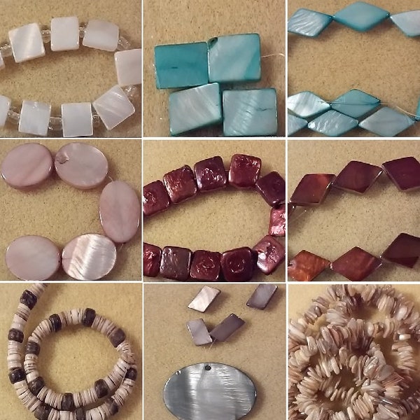 DESTASH - Mother of Pearl Shell Squares, Ovals, Heishes and Diamonds -White, Burgundy Red, Aqua, Rose, Cream and Gray (#1052)