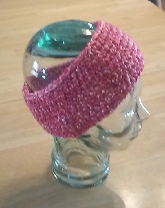Wide Crochet Head Band - Pink and Sparkling Gold - Etsy