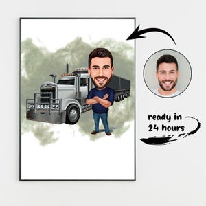 Gepersonaliseerde truckercartoonportret: aangepaste digitale karikatuur (digitale download, A4/A3)
