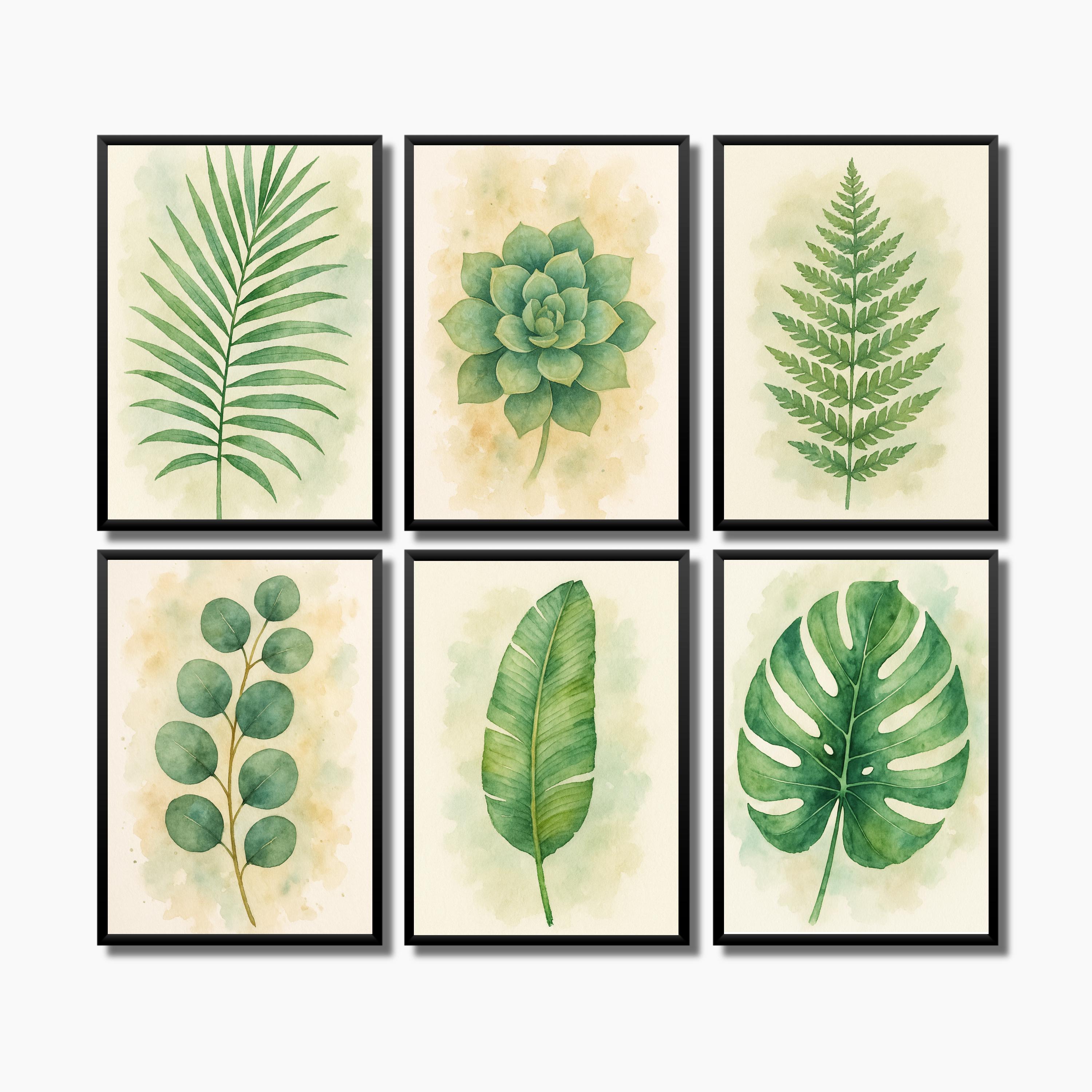 Watercolor Green Leaves Wall Art Set of 6, Monstera Palm Banana Leaf ...