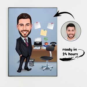 May include: A framed cartoon portrait of a man in a black suit and tie, set in an office environment. The image features a desk with a typewriter, a telephone, and a small plant. The text "ready in 24 hours" is also visible.