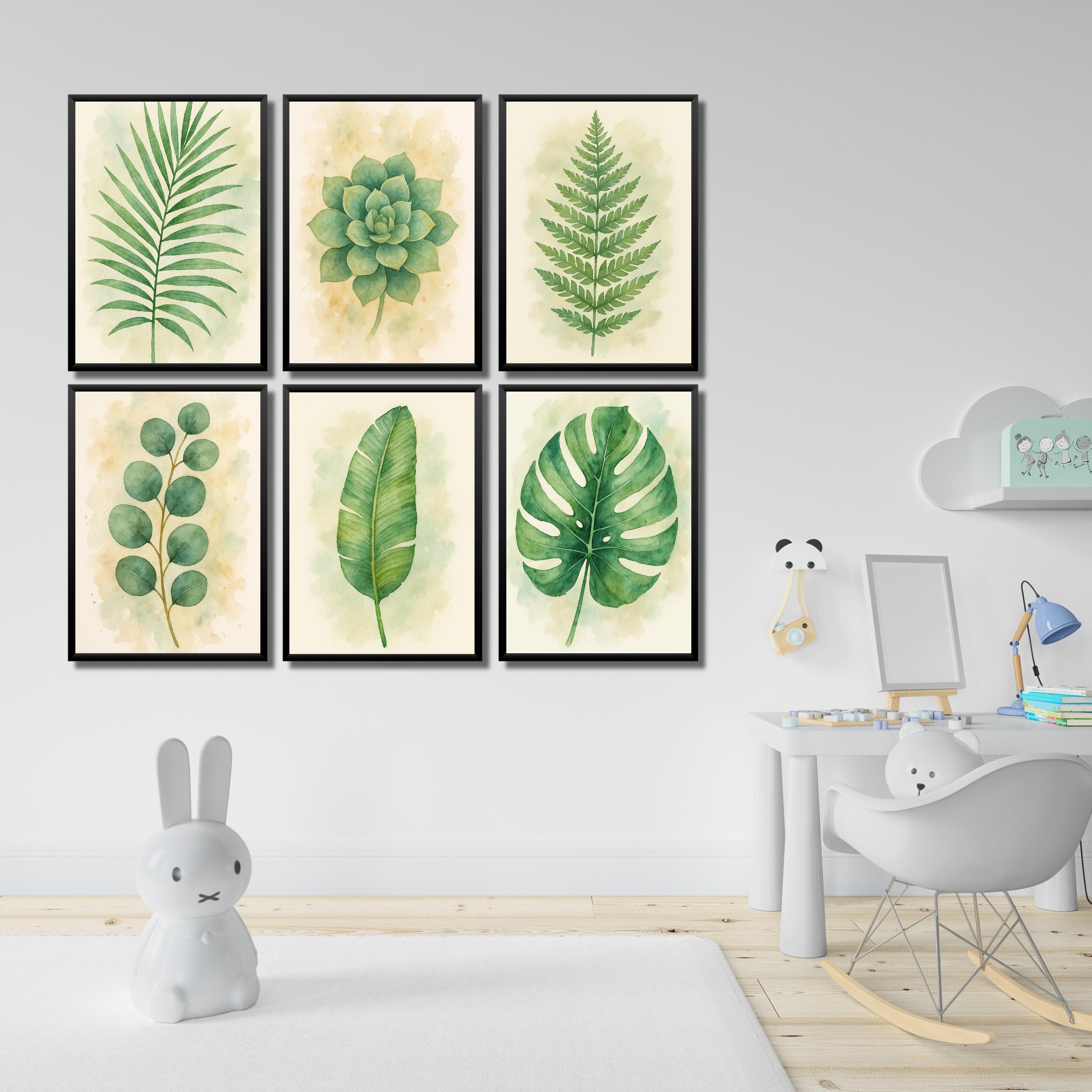 Watercolor Green Leaves Wall Art Set of 6, Monstera Palm Banana Leaf ...