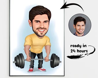 Retrato de dibujos animados de fitness personalizado: regalo de gimnasio personalizado (descarga digital)