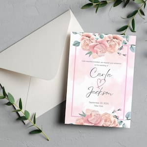 Invitación de boda estilo cottagecore y juego de bingo para invitados. Conjunto floral vintage ruborizado, tonos pastel azul polvoriento, escritura romántica y temática de jardín caprichoso.