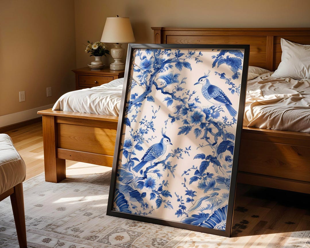 Blue Chinoiserie Bird Print: Vintage Floral Asian Decor (digital ...