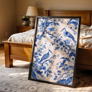 Blauer Chinoiserie Vogel Druck: Vintage Asiatisches Blumendekor (Digitaler Download