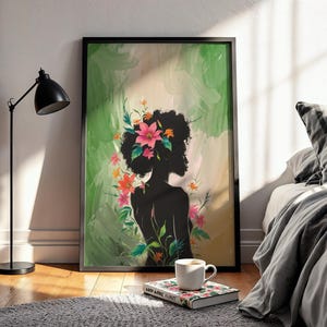 Afro Woman Silhouette Wall Art with Flowers – Black Girl Art Print, Boho Feminine Artwork, Afrocentric Wall Art, Afro Wall Art