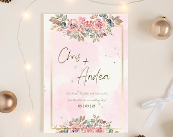 Floral Save the Date Template – Editable Wedding Announcement – Blush Watercolor Design – Digital Download