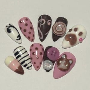 Handmade Chocolate Cat Press-On Nails: Kawaii Music Theme
