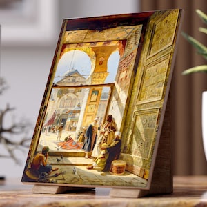 Orientalist mosque courtyard art print, Damascus Umayyad Gate painting, detailed Islamic architecture, Middle Eastern street life scene